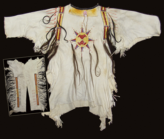 Beautiful hand-crafted white buckskin Mandan war shirt and matching leggings, circa early 1900s. Price realized: $1,840. Allard Auctions Inc. image